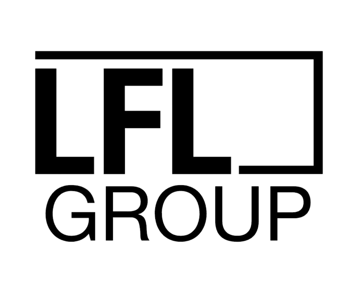 The image shows a bold, minimalist logo with the letters "lfl group" prominently displayed in a modern, sans-serif typeface. The design is monochrome, creating a sleek and professional look for