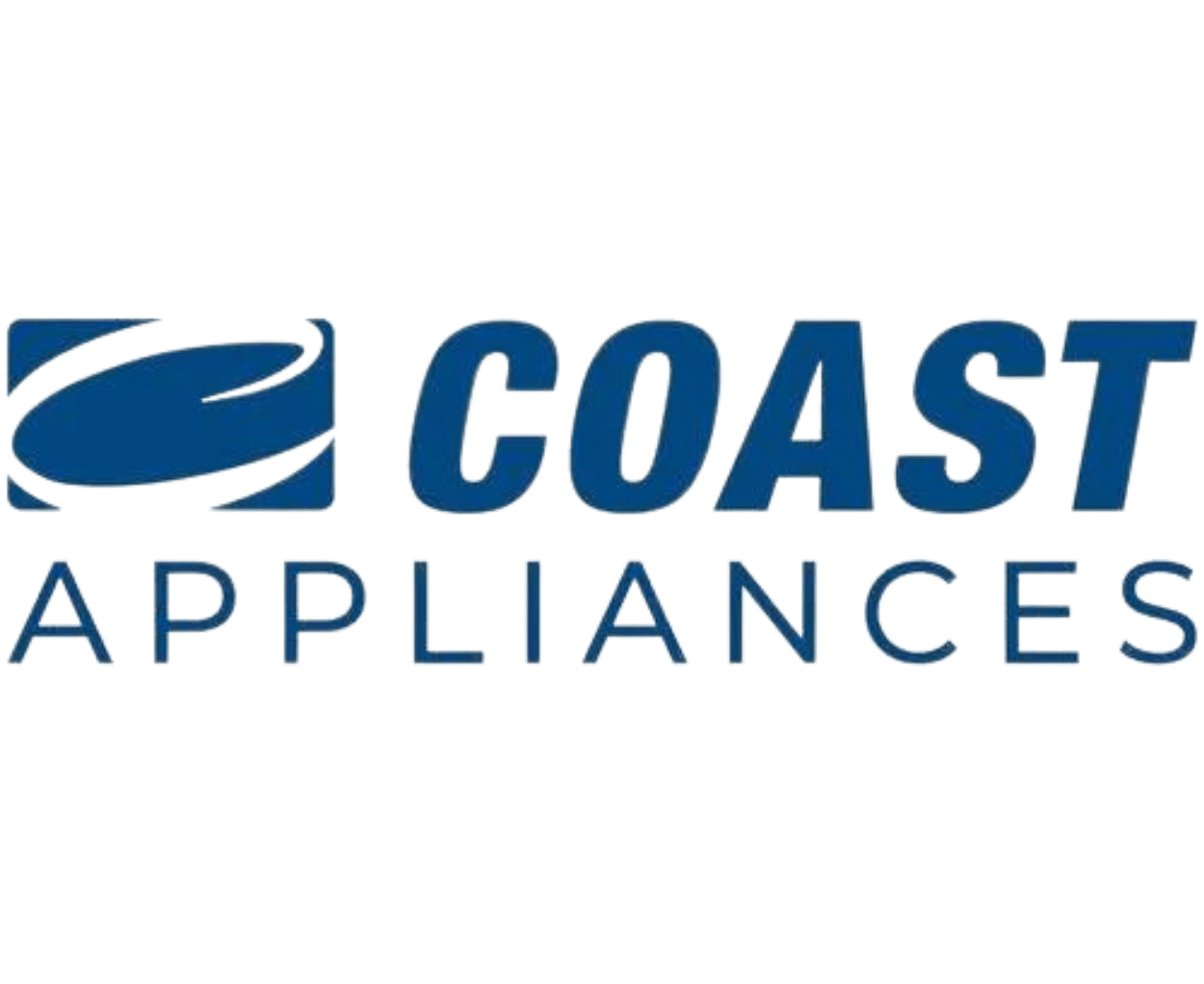 The image shows a logo for "coast appliances," featuring stylized text and a graphic element representing an appliance or coastal theme on the left side of the text. The color scheme is predominantly blue,