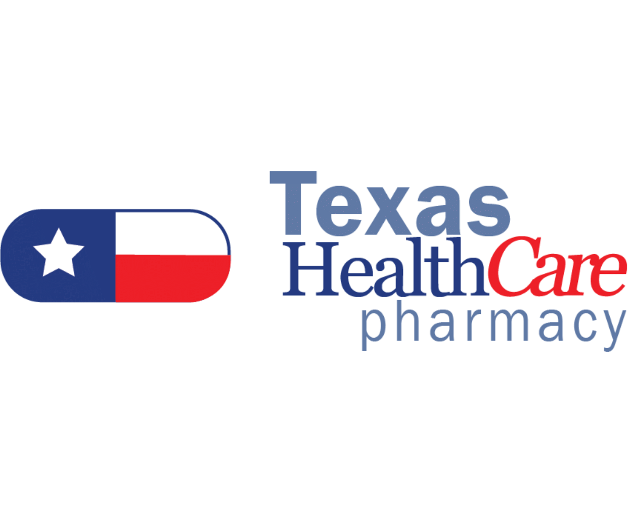 A logo featuring the words "texas healthcare pharmacy" next to a graphic that combines the shape of a pill and the design of the Texas state flag, symbolizing a pharmacy brand with a Texan