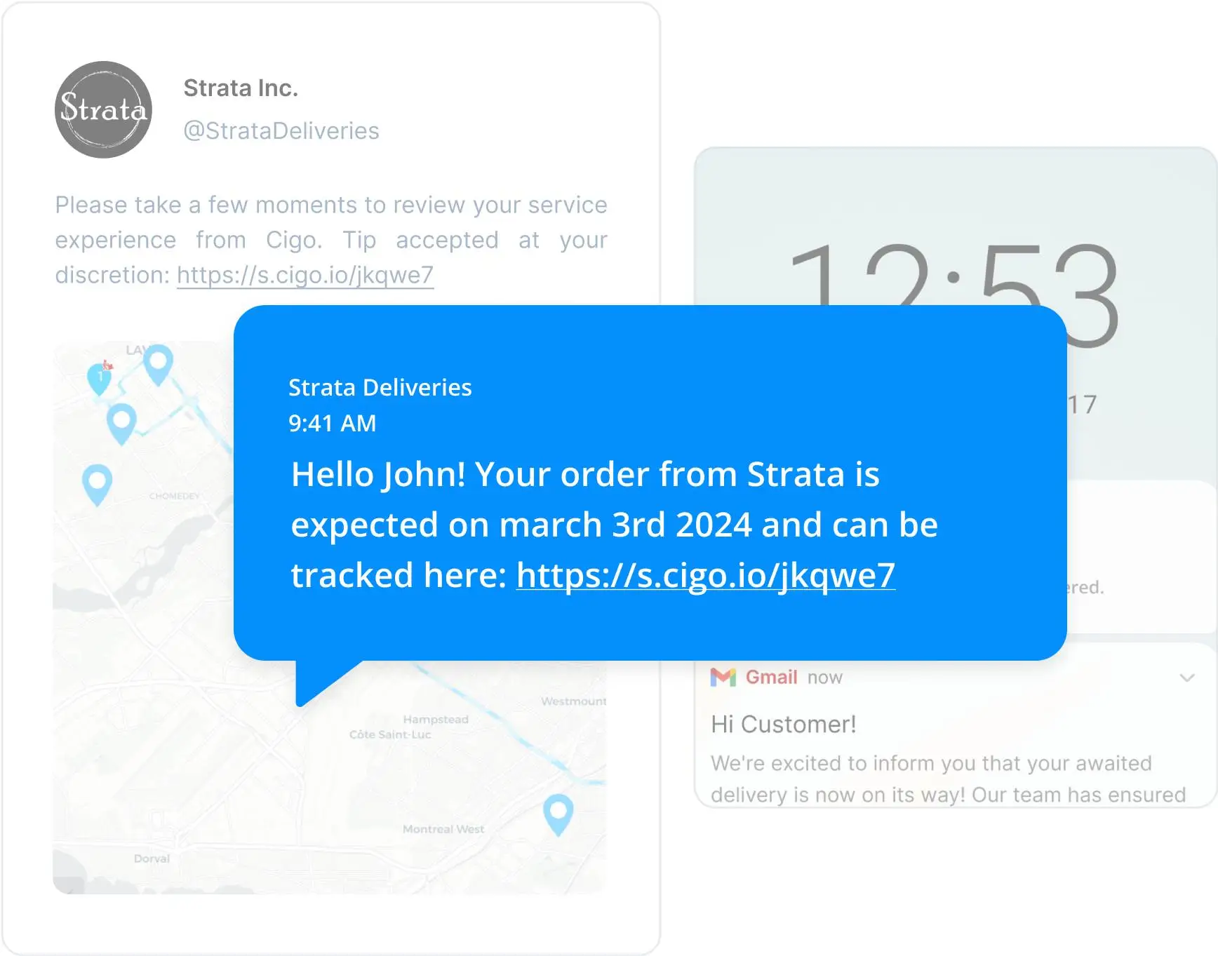 A smartphone displaying multiple notification cards from Strata Inc., with a map showing a delivery route, and a message informing the user that their order from March 3rd is on its way and can be