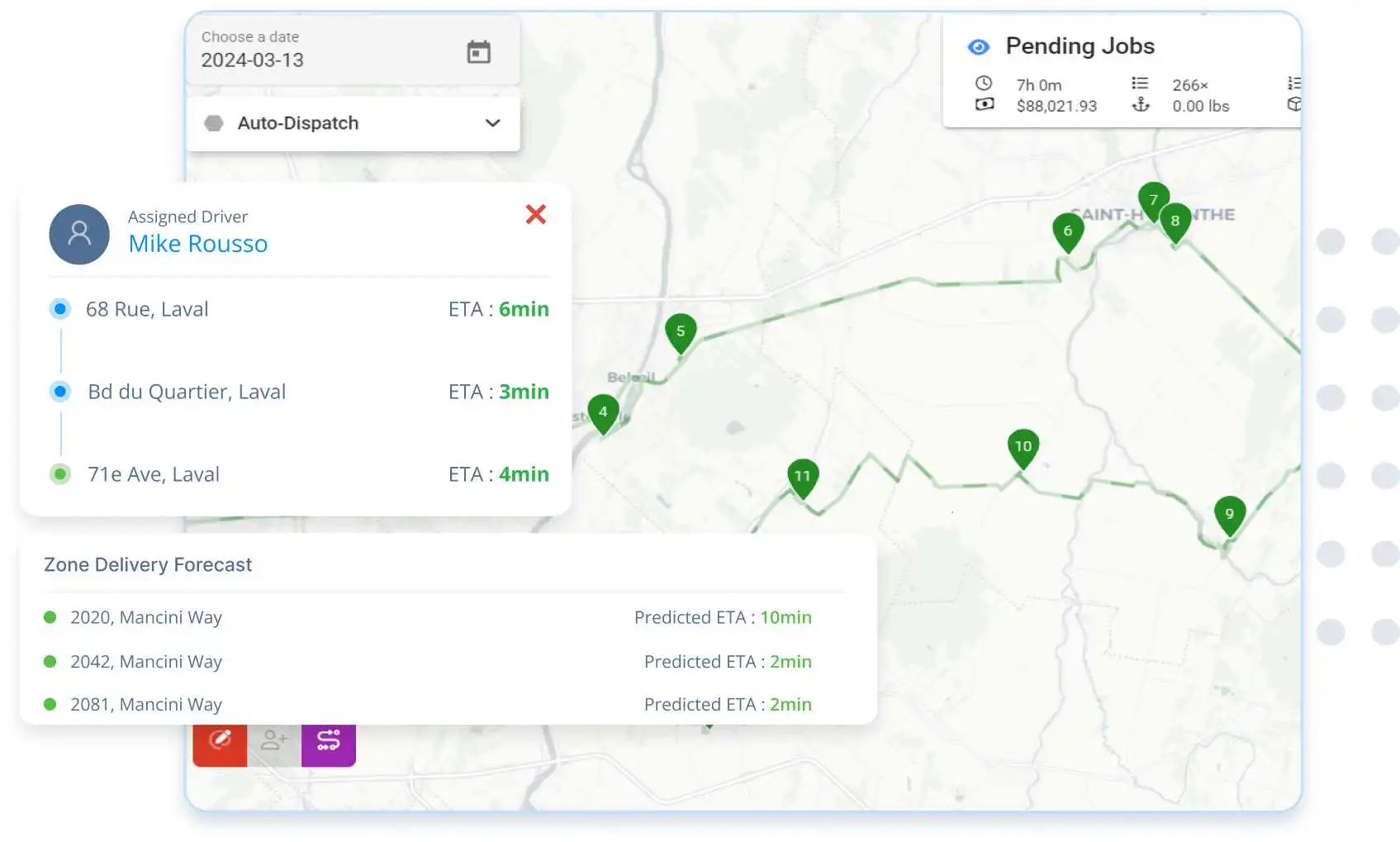A screenshot of the last mile delivery tracking software interface, showing a map with various locations marked with pins indicating delivery destinations, an assigned driver's route, and estimated times of arrival at each point.